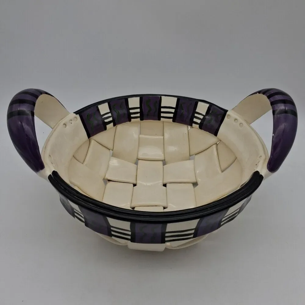 Rina Peleg Signed Pottery Basket Bowl-Hand Decorated Riveted Design 11 3/8